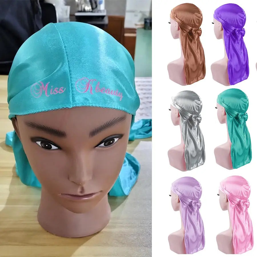 2024 Neue Satin Durag Turban Motorhaube Perücken Durag Biker Headwrap Piratenhut Kappe für Männer Haarschmuck Lange Schwanzriemen Bandanas