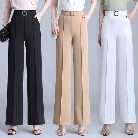 Women's Ice Silk Wide Leg Pants Drapey Loose Thin High Waist Spring Summer Versatile Straight Cut Elegant Long Trousers