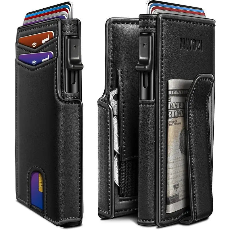 OUIO New Black Leather Wallet For Men Slim Bifold RFID Blocking Wallet With Pop-Up Metal Card Holder Card Sleeves POP UP Wallet