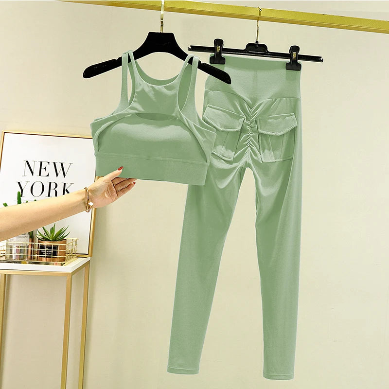 TRY TO BN Women's Tracksuit Yoga Set Sports Bra Leggings Pocket High Waist Pant Fitness Workout Cycling Sport Gym Outfit Clothes