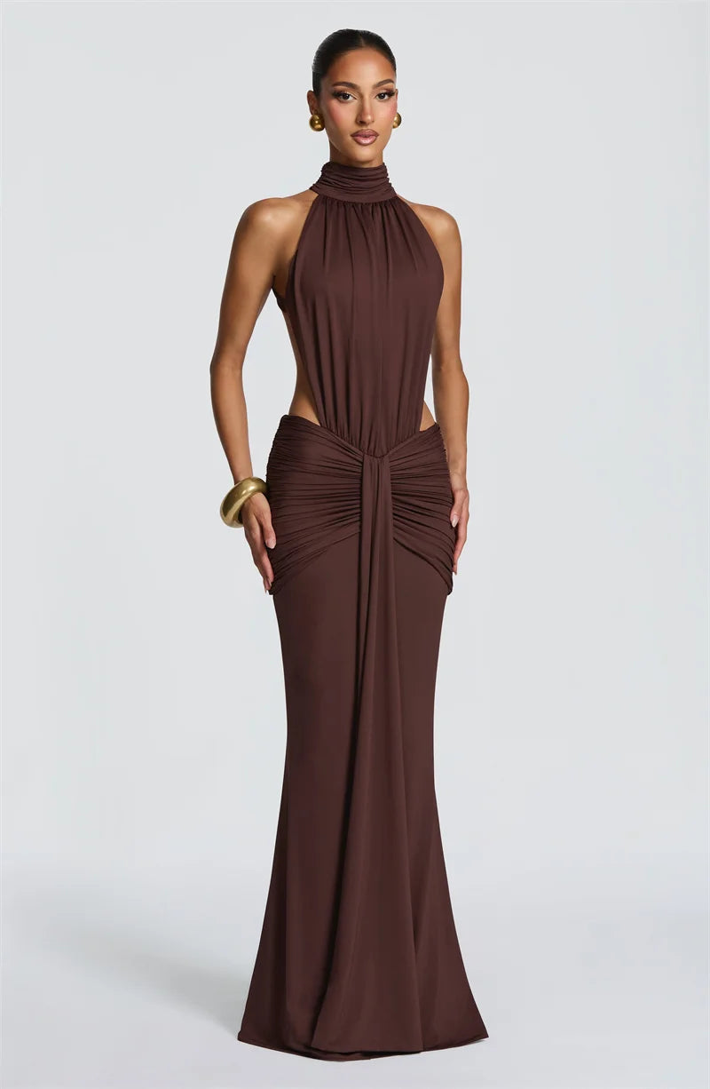Mozision Turtleneck Backless Sexy Maxi Dress Women Gown Elegant Off-shoulder Sleeveless Ruched Bodycon Club Party Long Dress