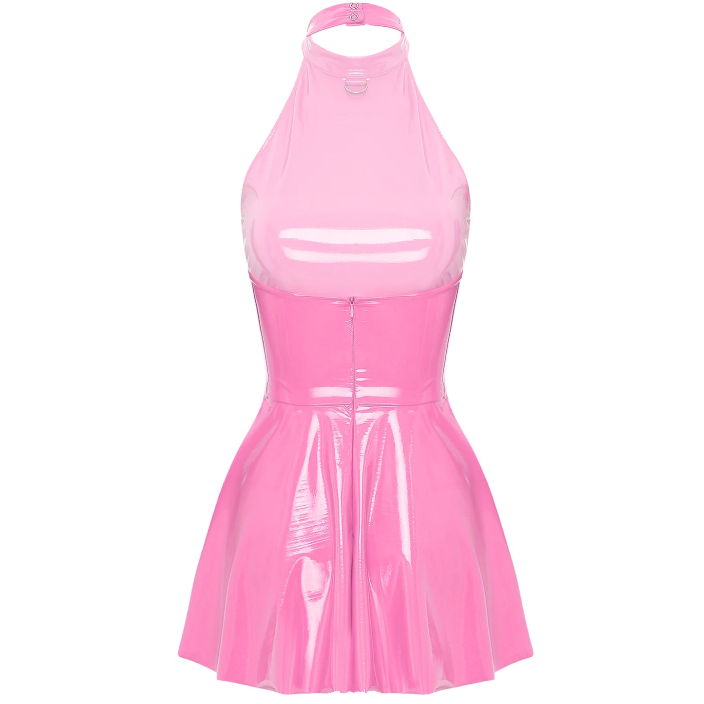 Damen Latex Swingrock Discokleid Glanzlackleder Clubwear Neckholder Ärmellos Skater Minikleid Rave Party Clubwear