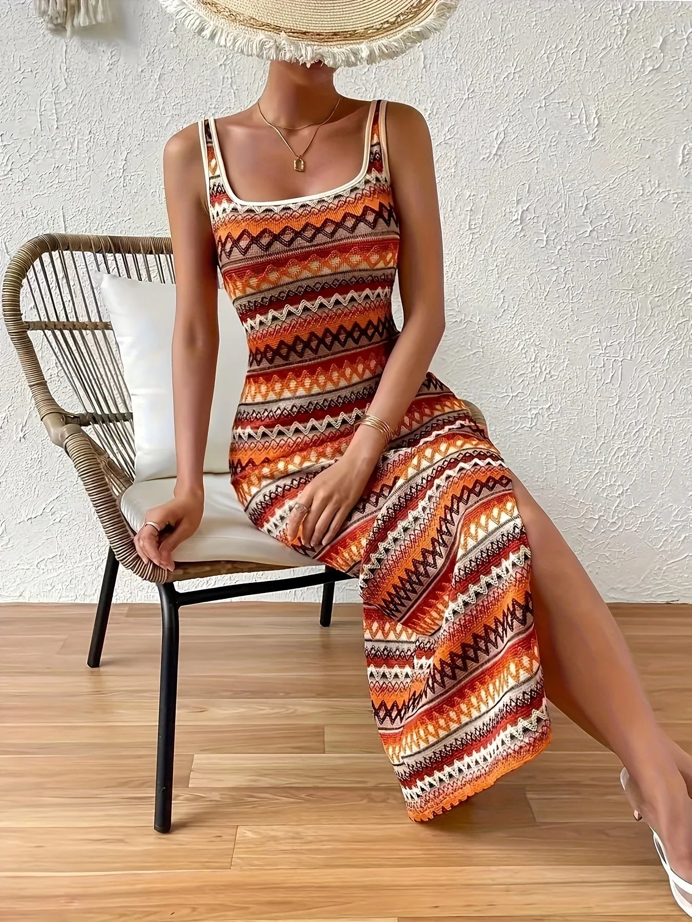 Women's Geometric Pattern Tassel Dress, Sleeveless & Slim Fit, Elegant & Fashionable Boho Style for Spring & Summer Beach Wear