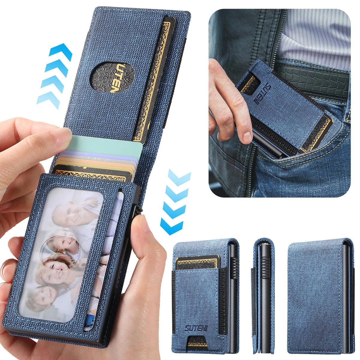 SUTENI Faux Leather Card Slot Wallet Flip Cover Unisex Card Box Pressing The Button Automatically Ejects The Card