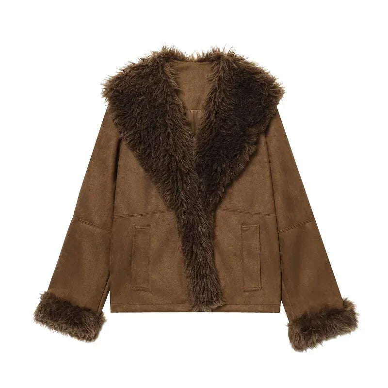 HXAO Women's Coat Cropped Faux Fur Coat Autumn Winter Warm Hairy Brown Jacket Women Long Sleeve Elegant Luxury Coat Ladies