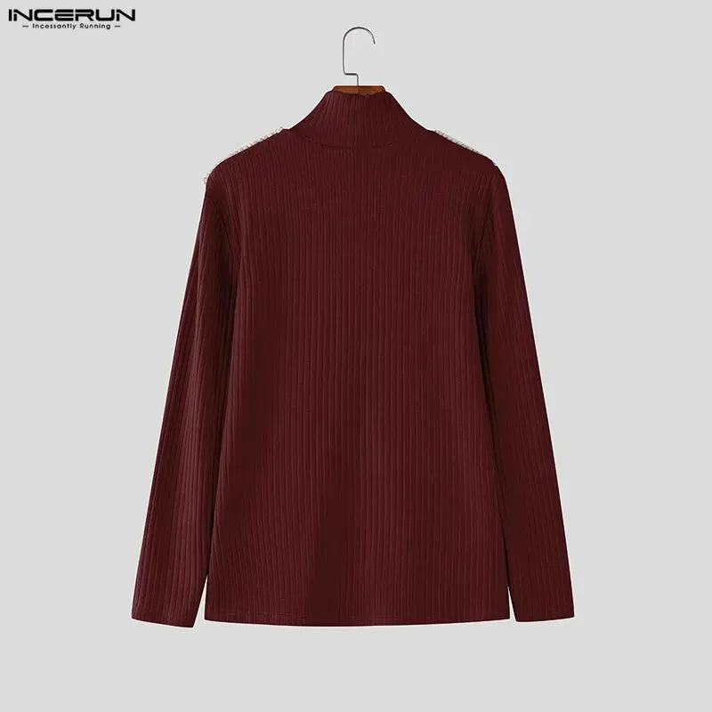 INCERUN Men Sweater Patchwork Turtleneck Long Sleeve Knitted Male Pullovers Button Streetwear Fashion Casual Men Clothing S-3XL