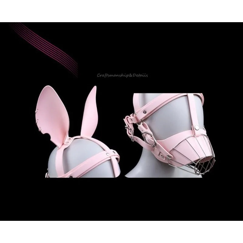Sexy Pink Leather Hood Cute Style B*SM Human Muzzle Helmet Women Lingerie Restraint Straps Mask Adult Products Role Play Devices