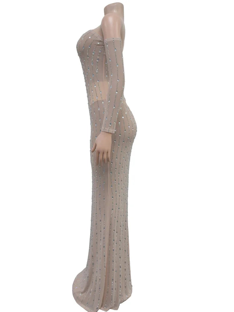 Kricesseen Damen Partykleider mit durchsichtigem Netz und Strasssteinen und Handschuhen, glamouröse Abendkleider aus Kristall, Vestidos De Fiestas Clubwear