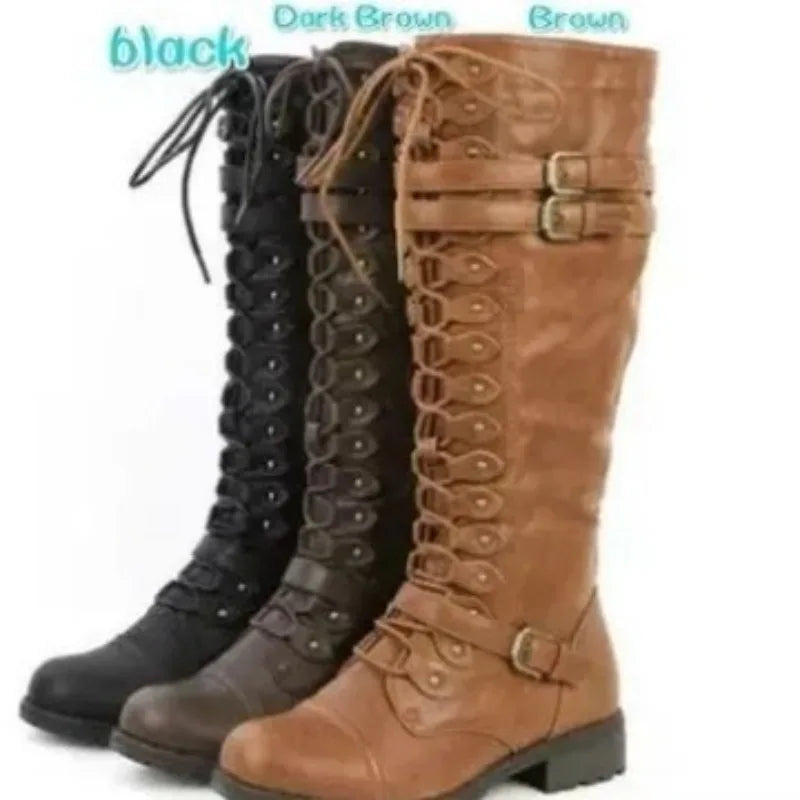 New Fashion Women Knee High Boots Brand Lace Up Platform Shoes Sexy with Buckle PU Retro Buckle Luxury Shoes Designer Snow Boots