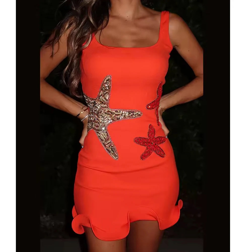 Women Boho y2k Coquette Mini Bodycon Dress Sexy Slim Starfish Sequins Embroidery Ruffles Sleeveless Knitted Club Party Dress