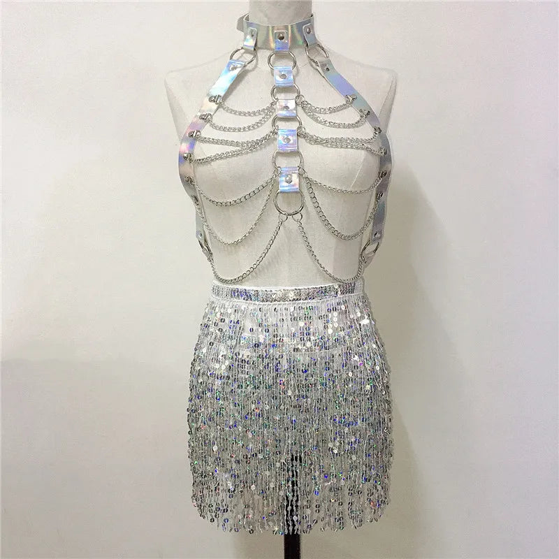 Women PU Leather Harness 2 Piece Set Sexy Hollow Out Metal Chest Chain With Tassel Sequins Mini Skirt Gothic Party Club Outfits