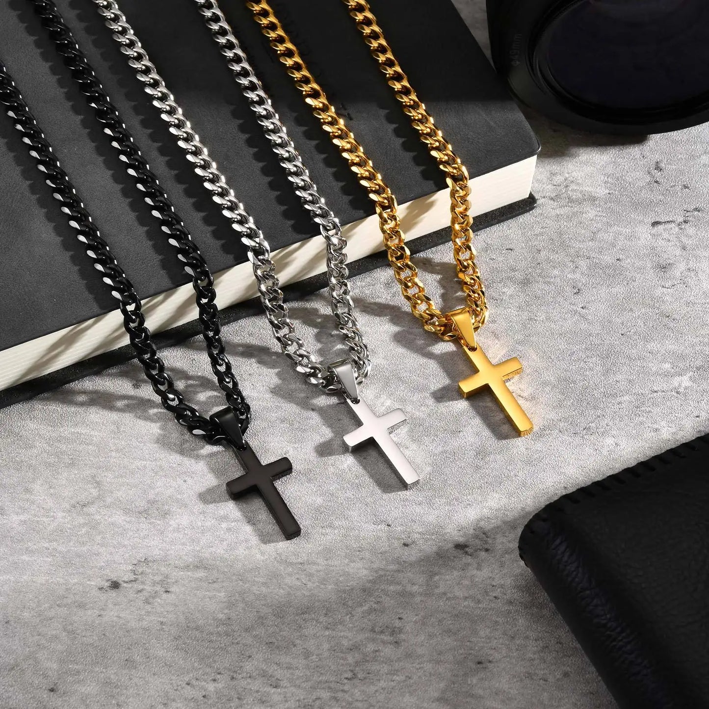 High Quality Cross Necklace for Men Boys,Stainless Steel Pendant with 5MM Cuban Chan,Classic Simple Jewelry Gift