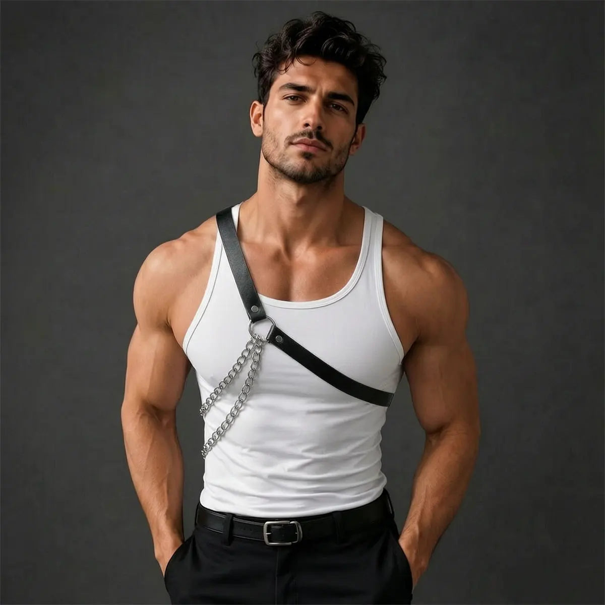 Men's Faux Leather Harness Punk Adjustable PU Leather Body Chest Harness with Buckle Strap for Party Date Club Wear Costume