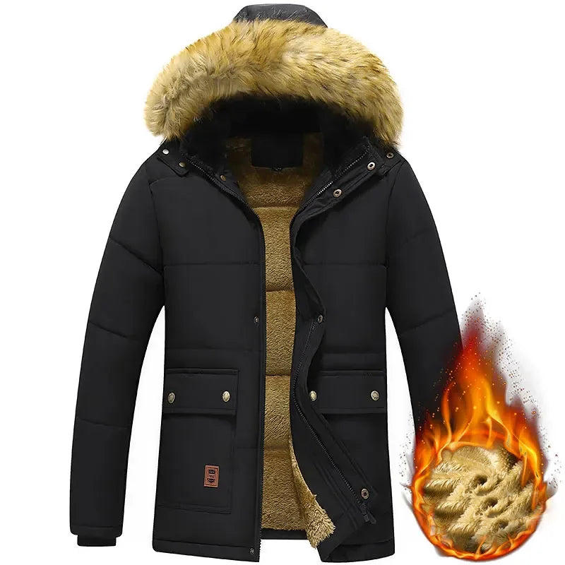 2024 neue Männer Winter Herbst Arbeit Outwearing Parka Schwarz Fleece Gefüttert Dicke Warme Mit Kapuze Pelz Kragen Mantel Männlichen Größe 5XL Plüsch jacke