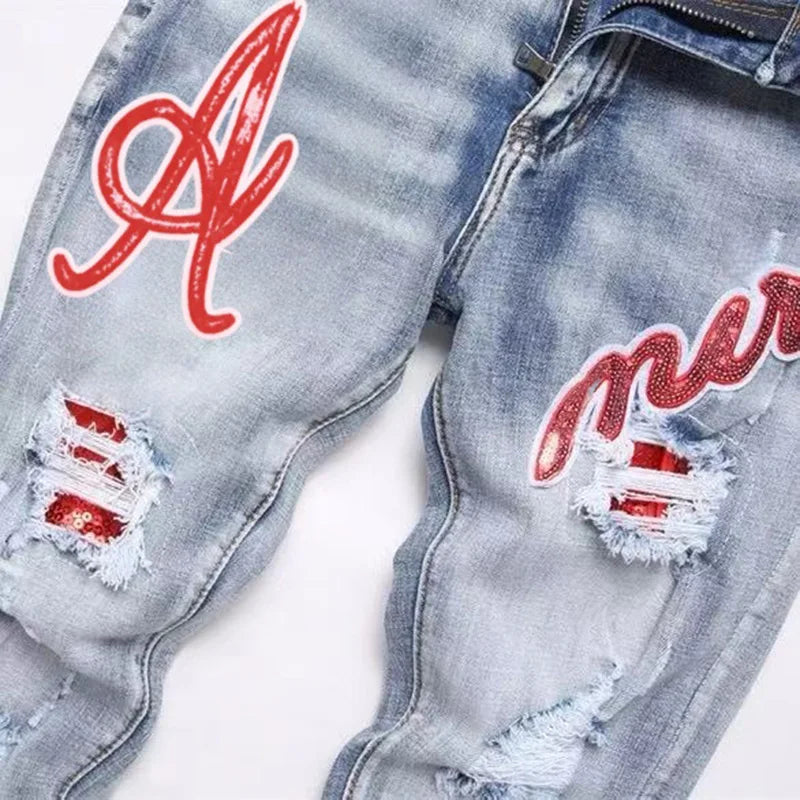 Men's Hip-Hop Style Distressed Holes Jeans Wash Ripped Pants with Red Embroidered Patches Casual Trendy Streetwear Trousers