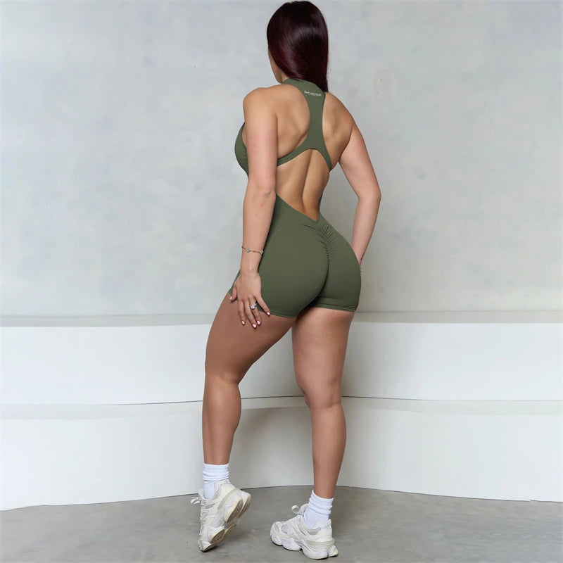 Women Bum Sleeveless ZIPPER Scrunch Butt Romper Women Sporty Jumpsuit Lycra Short Fitness Gym Overall New Workout Clothes