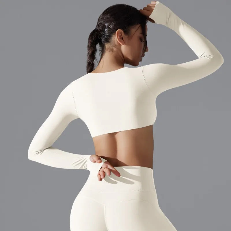 Sports Long Sleeved Fitness Suit Women's Deep V-neck Slim Fit Breathable Ins Style Exposed Navel Outdoor Yoga Suit Short Top