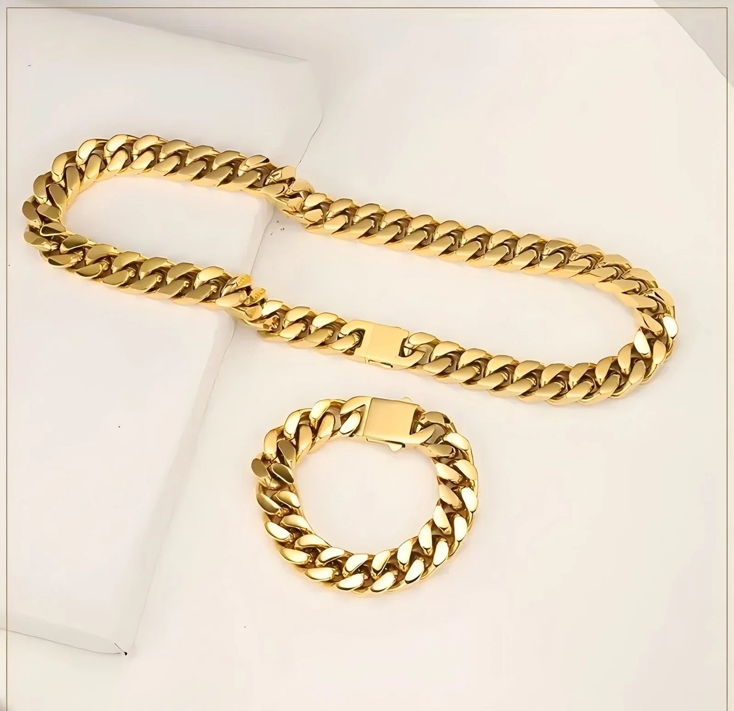 Stainless steel, 12mm gold-plated, necklace and hip-hop bracelet kit from the Cuban chain in Miami, gifts for men and women