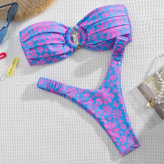 Micro Bikini Push Up Women Swimsuit Fashion Floral Pattern Split Bandeau Bikini Set Sexy Lady 2 Piece Bathing Suit Biquini