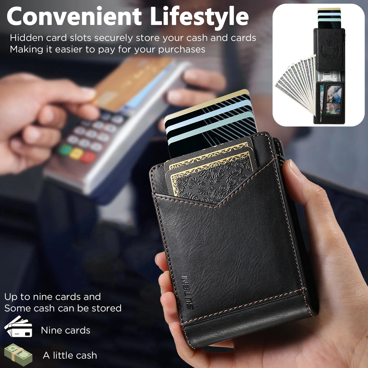 SUTENI Card Slot Wallet Flip Cover Faux Leather Card Box Pressing The Button Automatically Ejects The Card