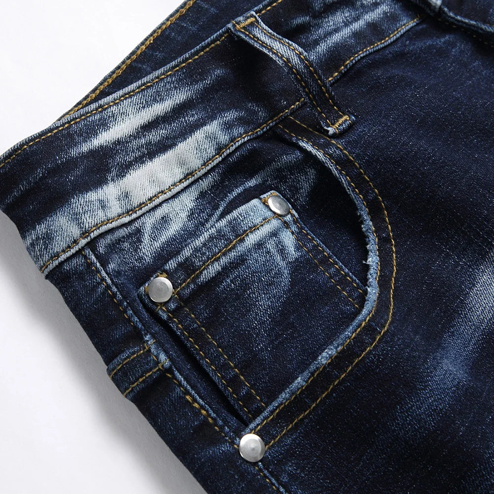 Men Patchwork Denim Jeans Holes Ripped Distressed Dark Blue Stretch Pants Casual Fringe Slim Straight Trousers