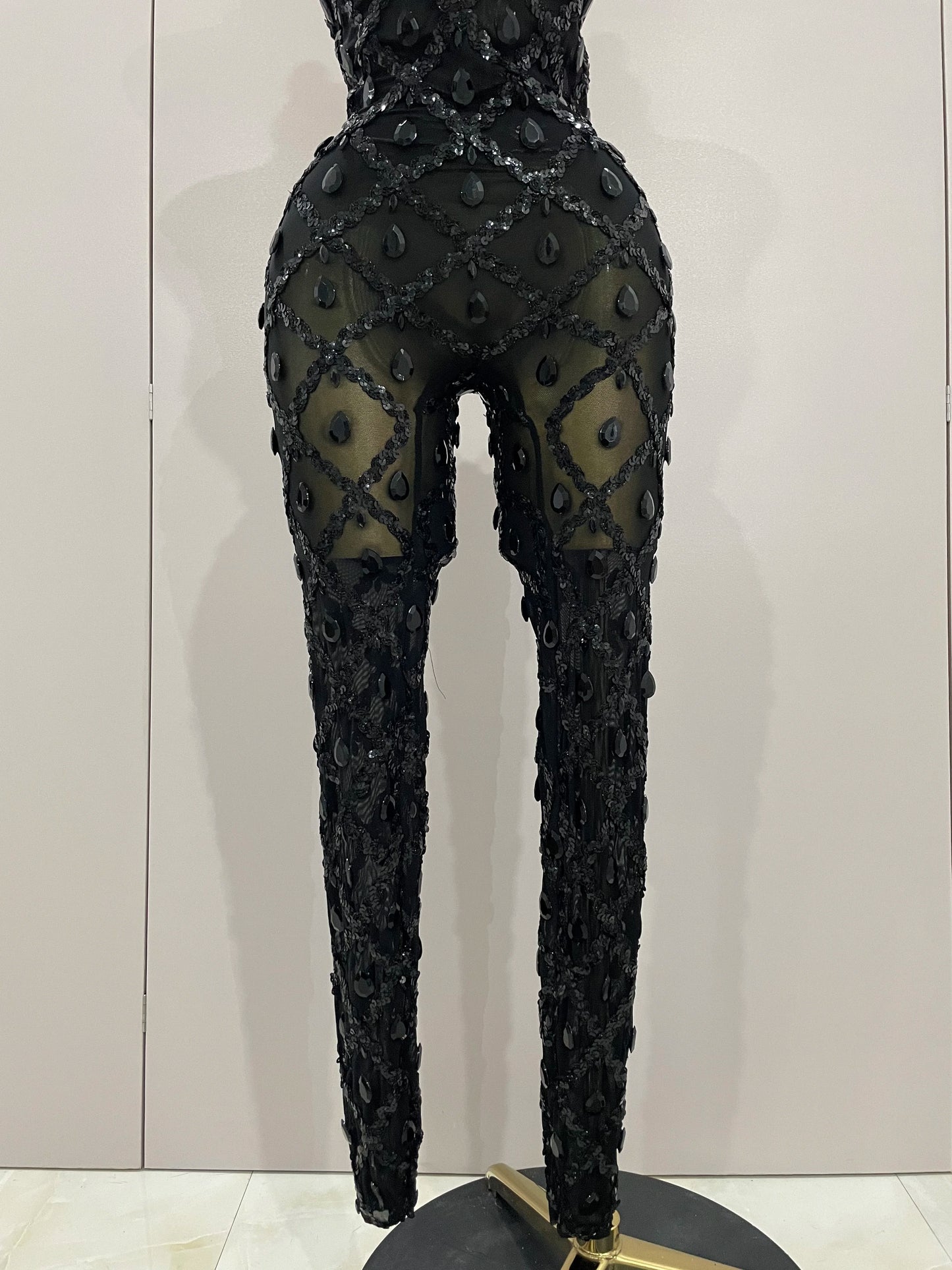 Luxury Sparkly Black Diamond Mesh See THhrough Jumpsuit Women Celebrate Birthday Sexy Dancer Nightclub Performance Stage Costume