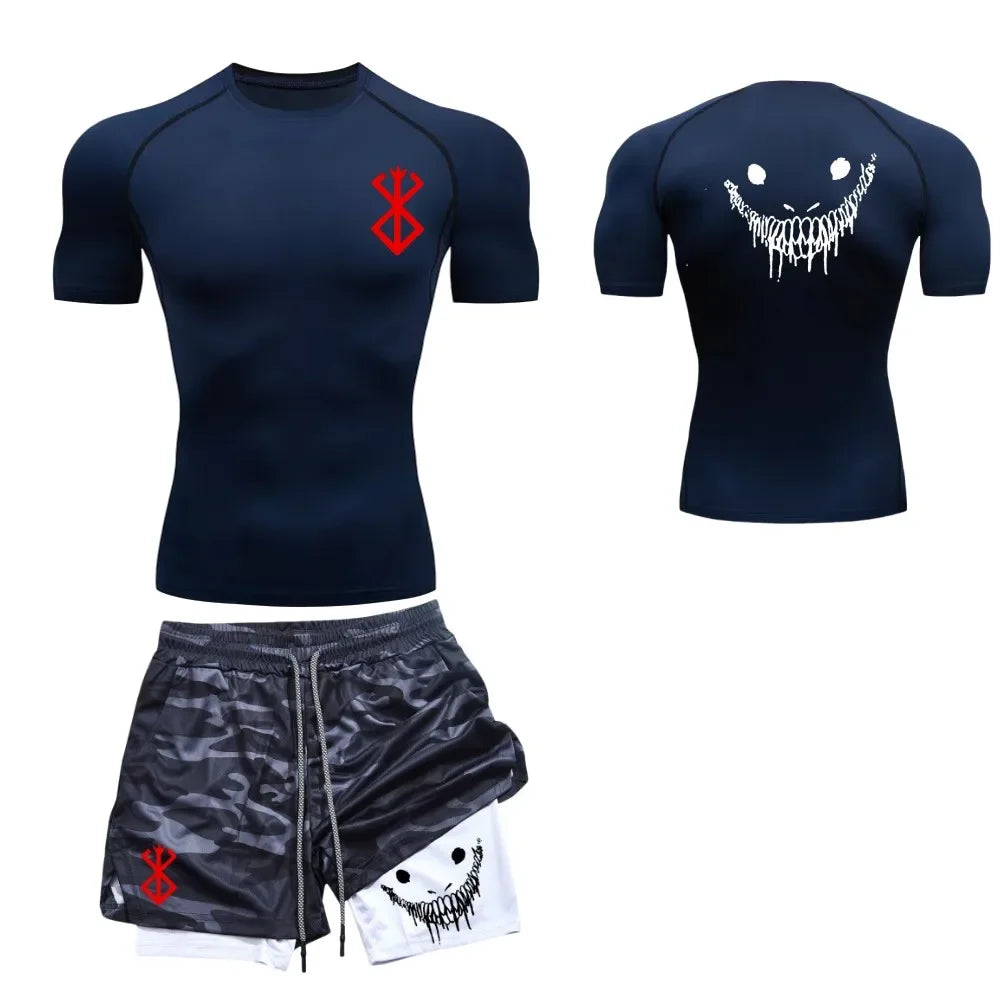 Men's fashionable casual fitness set, gym quick drying sportswear, shorts+shirt, 2-piece set, running, training, summer