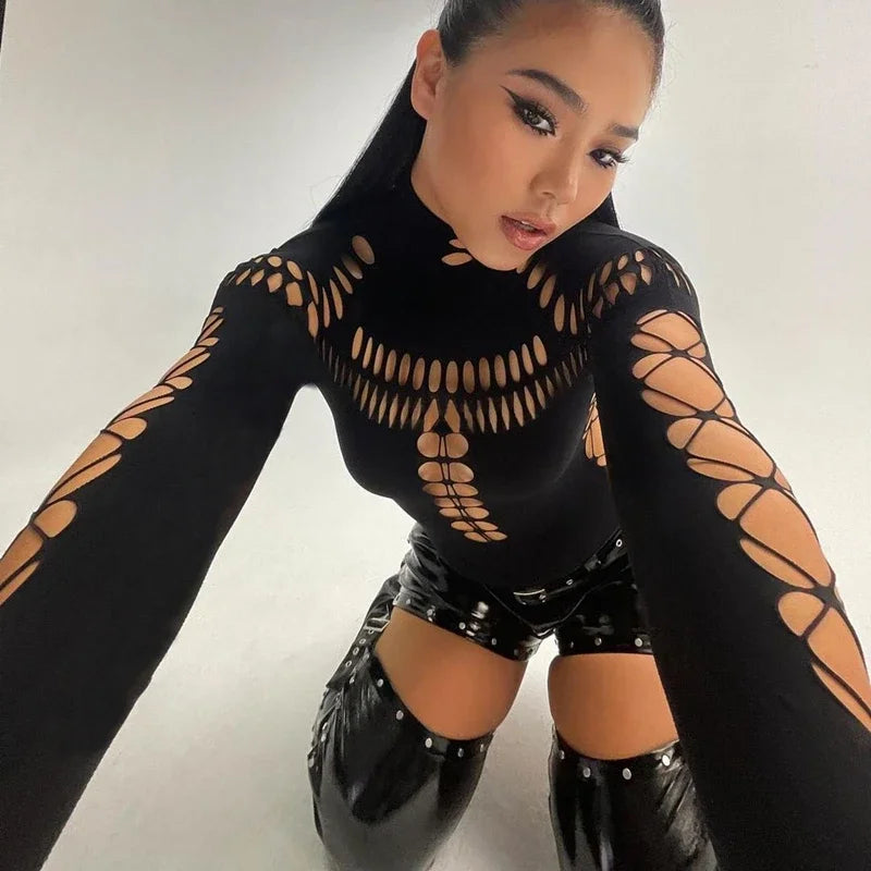 Candyhot Sexy Hollow Out High Collar Bodysuit Bodycon Y2K Long Sleeves Fashion T Shirts Women Gothic Punk Streetwear Bodysuits