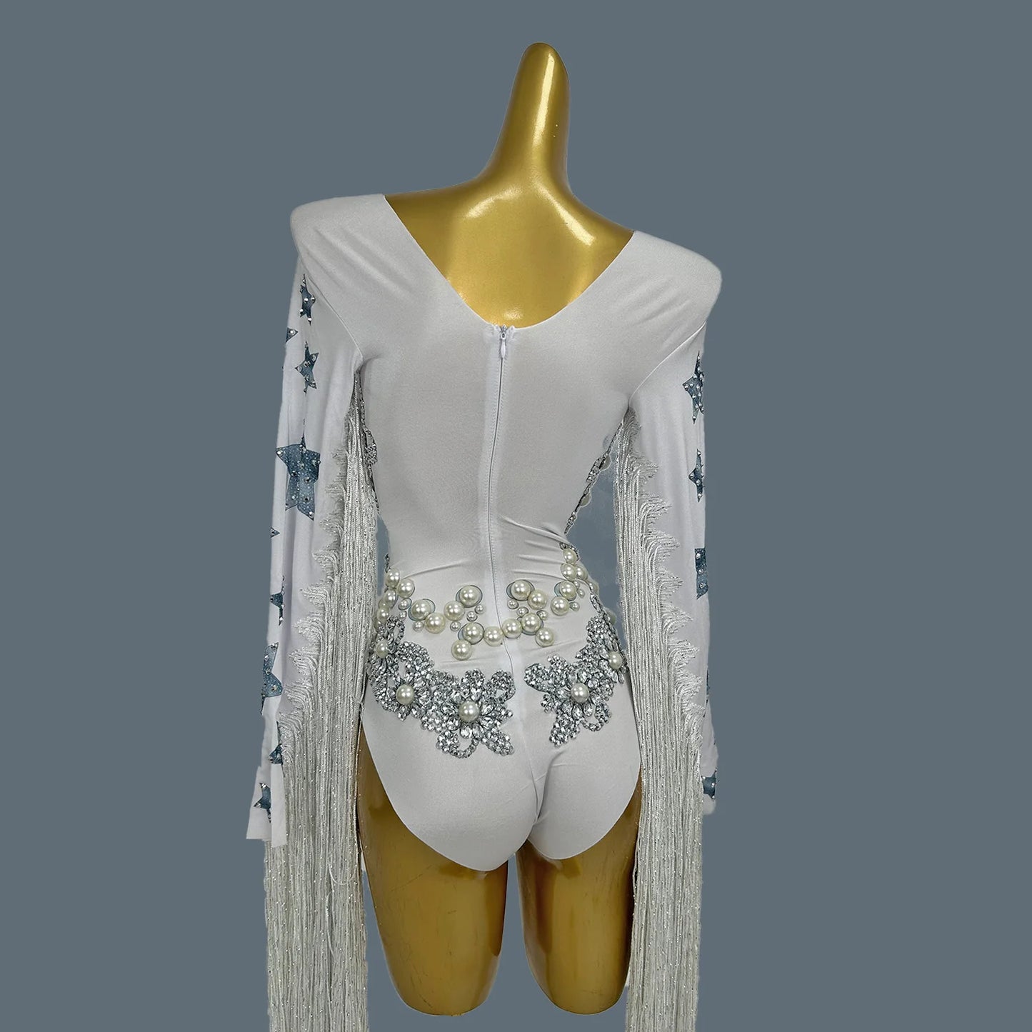 Designer Star Big Pearls Rhinestone Bodysuit Women Long Tassel Party Jumpsuit Nightclub Fringes Dancer Leotard Wear Starqun