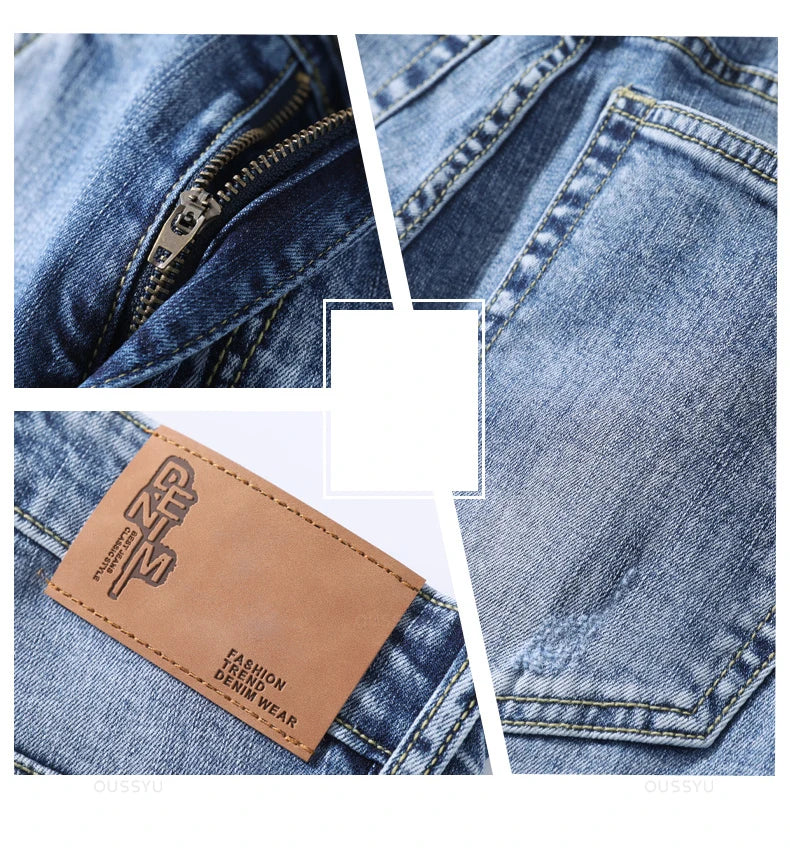 Clothing Jeans Men High Quality Stretch Light Blue Denim Fashion Pleated Retro Pocket Skinny Trousers Pants 28-40