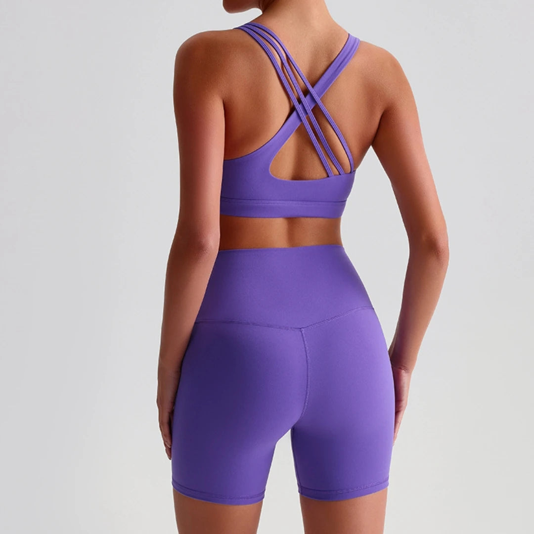 Solid Color High Waist Gym Yoga Short Legging Set Tight Women Cross Back High Impact Shoulder Strap Fitness Bra Top Sportwear