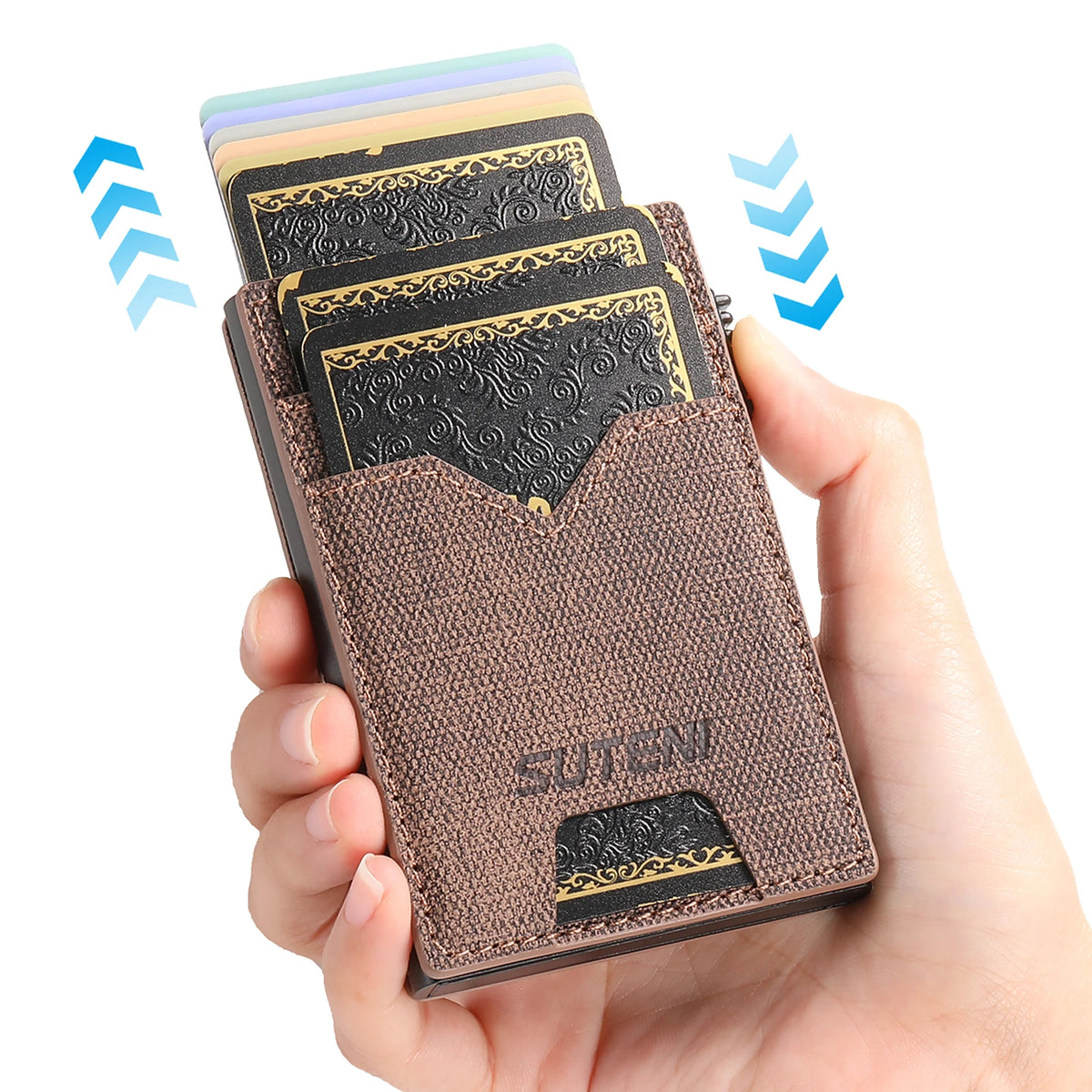 SUTENI Faux Leather Card Slot Wallet Flip Cover Unisex Card Box Pressing The Button Automatically Ejects The Card