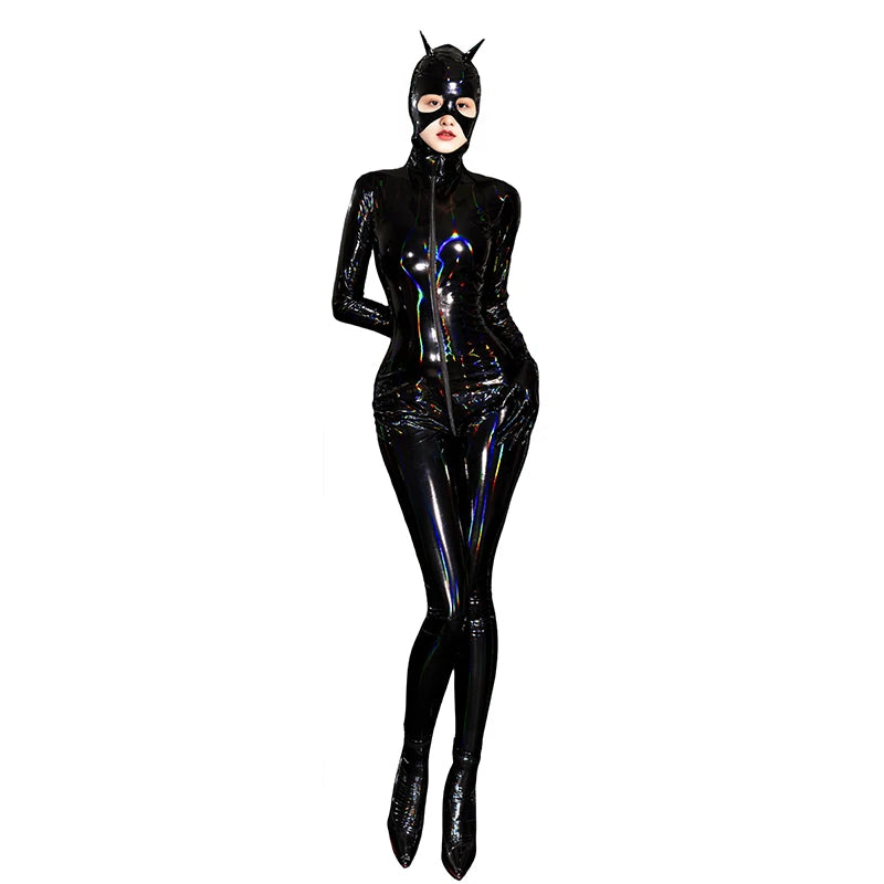 Adult Cat Girl Cosplay Costume Women Sexy Shiny Leather PU Zipper Open Crotch Bodysuit Tights One-piece Unitard Leotard Jumpsuit