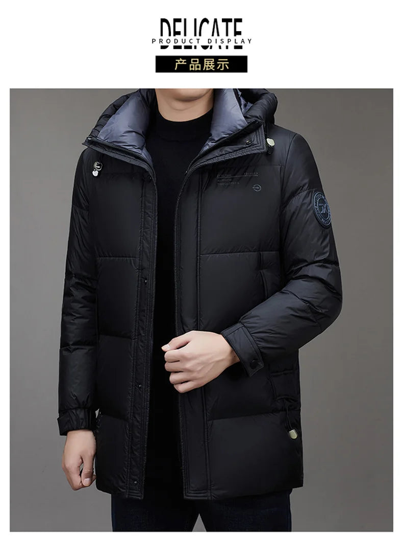 Leichte Luxus-Daunenjacke für Herren, lang, Winter 2024, trendig, 90 % weiße Entendaunen, warmer Mantel, Business-Casual-Mütze, leichte Daunenjacke