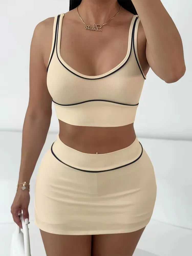 Weird Puss Ribbed 2 Piece Set Women Black String Backless Tank Tops+Side Split Shorts Skirt 2025 Summer New Trend Matching Suits