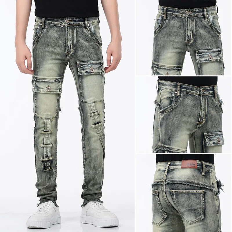 High-Quality Stylish Washed Men's Luxury Designer Jeans Trendy Men Vintage Denim Stretch  Workwear  Motorcycle Boyfriend Jeans