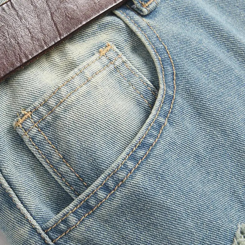 Autumn Men's New Light Blue Slim Fit Jeans Men's Ripped Loose Jeans Elastic Hole Versatile High Street Denim Pants Retro Washed