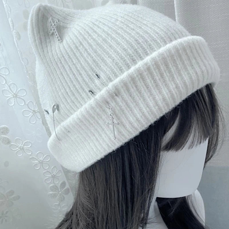 Handgewebte Beanie-Mützen für Damen, warme Wintermütze, Y2K-Teufelshornmütze für Teenager, Mädchen, modische Anime-Mütze, Kopfbedeckung