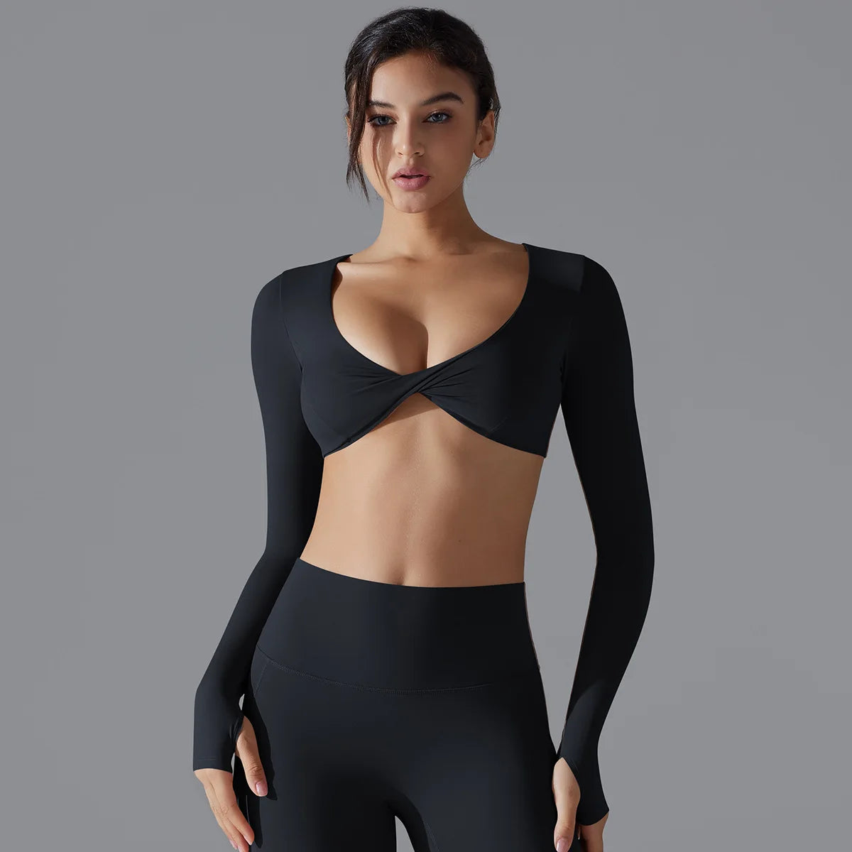 Sports Long Sleeved Fitness Suit Women's Deep V-neck Slim Fit Breathable Ins Style Exposed Navel Outdoor Yoga Suit Short Top