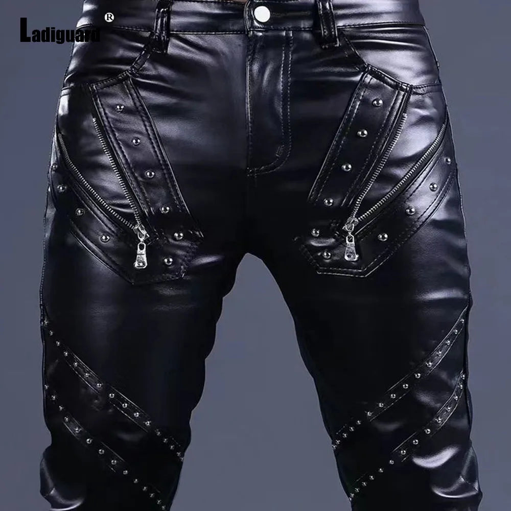 Men Fashion Rock Style PU Leather Pants Sexy Night Club Dance Pants Men's Rivets Zipper Faux Leather Slim Motorcycle Trouser New