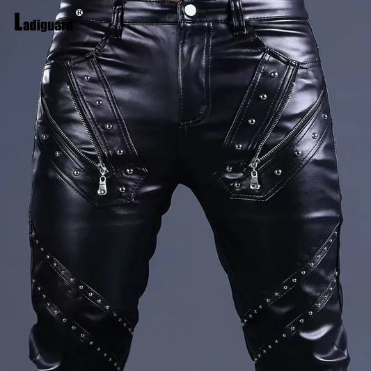 Men Fashion Rock Style PU Leather Pants Sexy Night Club Dance Pants Men's Rivets Zipper Faux Leather Slim Motorcycle Trouser New