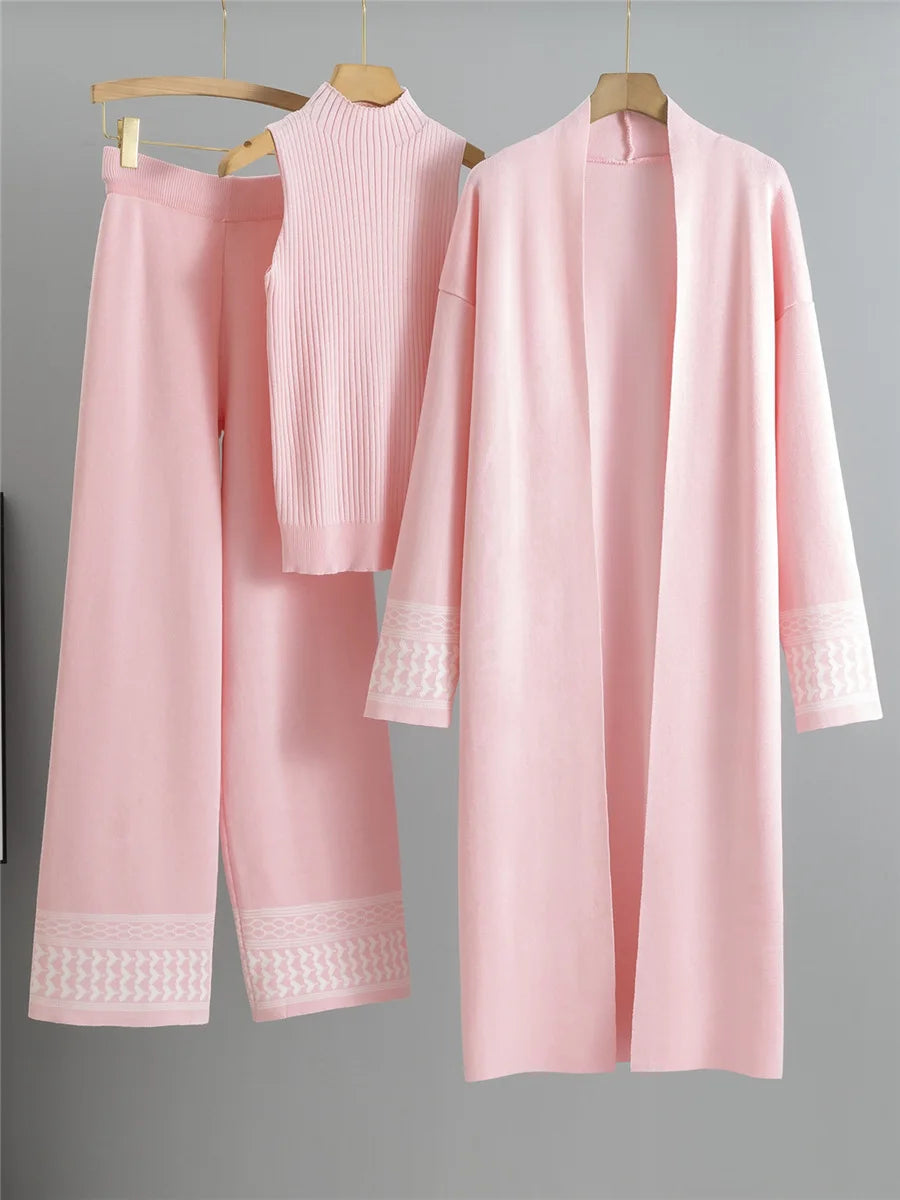 Korean Design Elegant Knitted 3 Piece Sets Women Knit Vest Sweater Long Cardigan Tops Conjuntos High Waist Wide Leg Pants Outfit