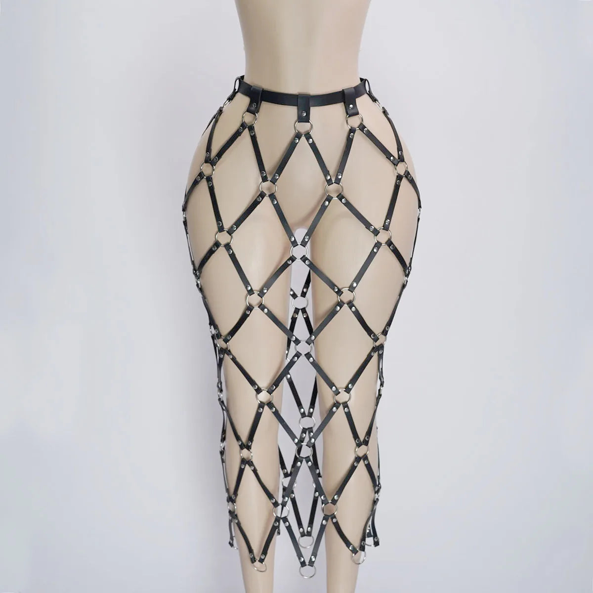 Handmade PU Leather With Ring Skirt,  Adjustable Cage Netting Design Skirt With Tassels, Pu Leather Skirt Harness, Rave Outfit.