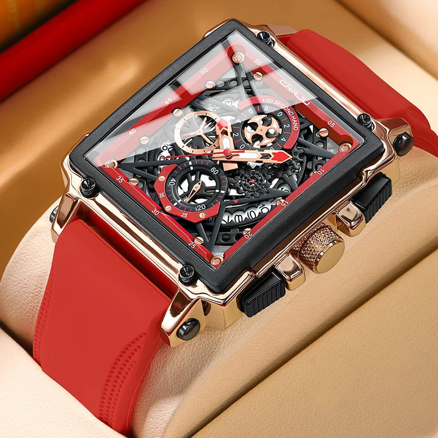 CRRJU Modische Sportuhren mit großem Zifferblatt, einzigartiges rechteckiges, hohles Design, Quarz-Armbanduhren mit Chronograph, automatisches Datum