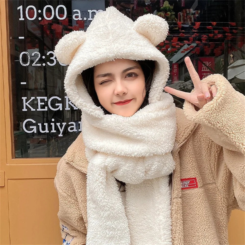 Winter Lamb Wool 3-In-1 Cute Bear Ear Hat Scarf Gloves Set Women Caps Warm Casual Plush Neck Hats Casual Fleece Girls Beanies