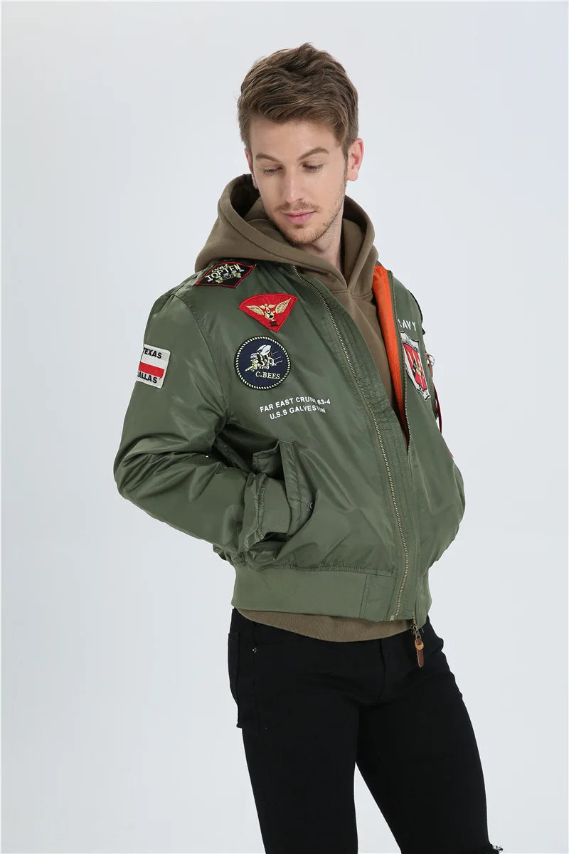 High Quality Military Fashion Casual Boy Youth Lightweight Top Gun Patch Embriodey Streetwear Ma1 Satin Flight Bomber Jacket Men