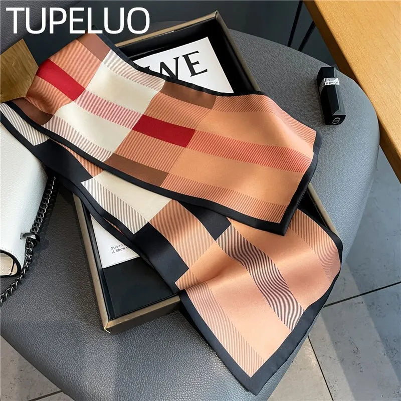 Karierter, schmaler Schal aus Satin-Seide für Damen, Haarbänder, Halstuch, Gürtel, Stirnband, Wickeltuch, Foulard, Kopftuch, Bandana