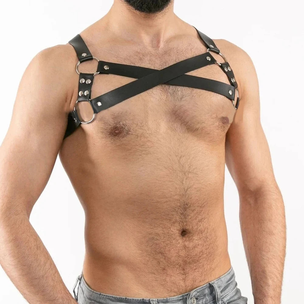 Men Harness PU Leather Lingerie Body Chest Costumes Clubwear Tops Straps,Punk Rave Cosplay