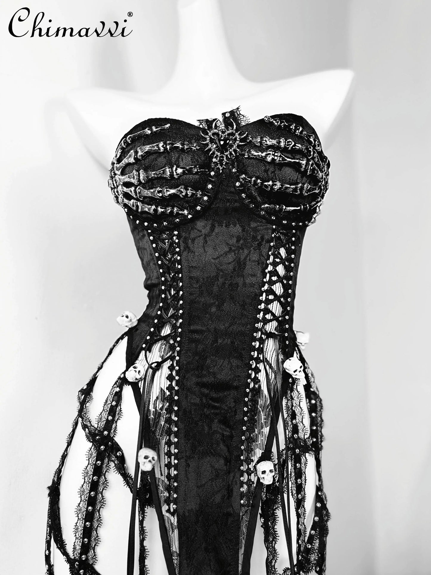 Original Punk Dark Girls Handmade Goth Skull Black Strap Drawstring Corset Bird Cage Lace Tassel Tube Top Long Trailing Skirt