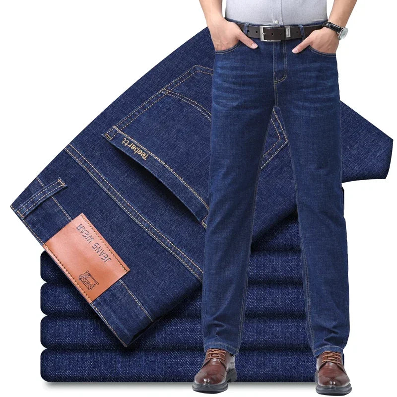 Business Thin Denim Jeans for Men Straight Stretch Cotton Work Pants Business Casual Lightweight Trousers Spring Autumn Workwear